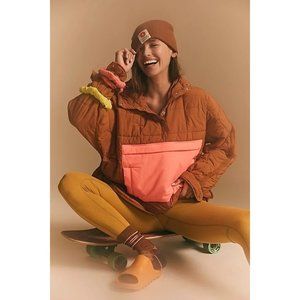 Free People Pippa Pullover Colorblock Puffer Toasted Coconut Neon Coral XS NWT